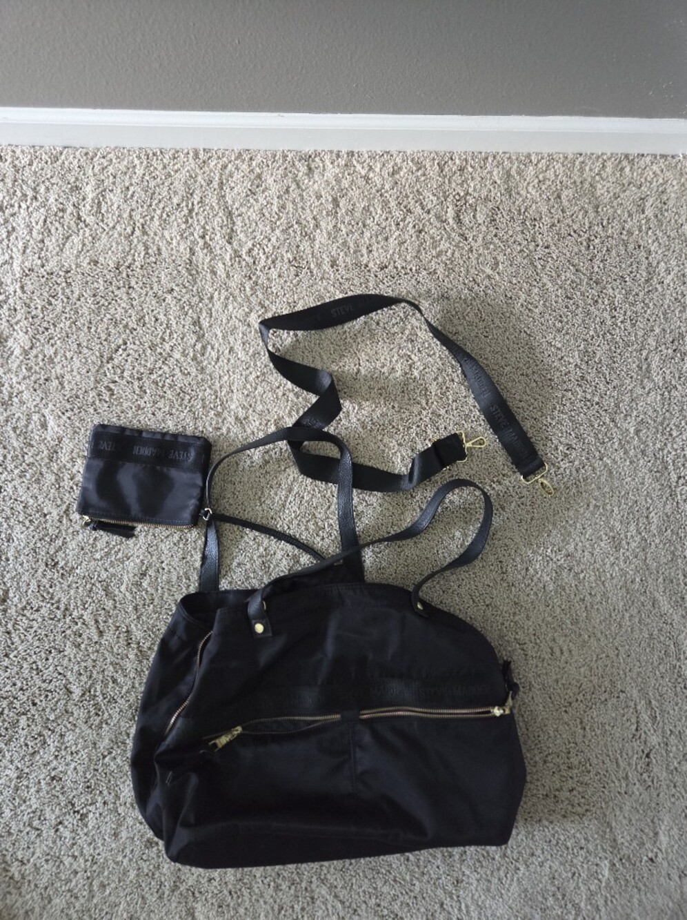Steve Madden Black Nylon Convertible Tote Shoulder Bag Set with Pouch